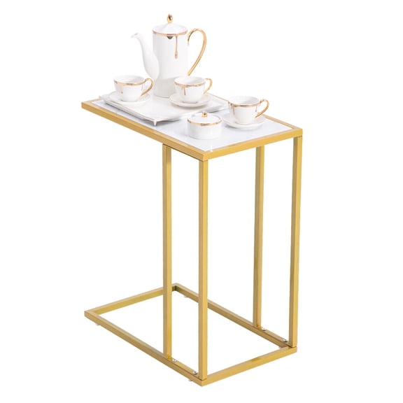 HiiKaa C Shaped End Table,Couch Side Table That Slide Under Sofa Bed,Small Table for Small Spaces,Skinny Overbed Table for Coffee Drink Snack, Living Room,Gold and White Marbled Wooden Top