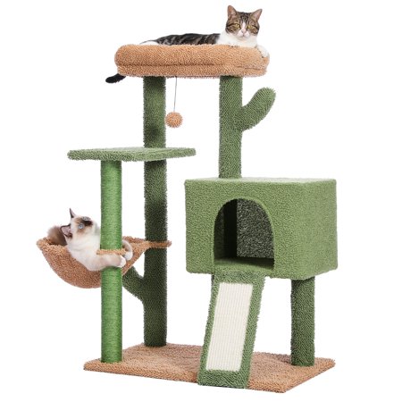 HiiKaa Cactus Cat Tree Cat Tower with Sisal Covered Scratching Post and Cozy Condo Cat Climbing Stand with Plush Perch &Soft Hammock for Indoor Cats,Green
