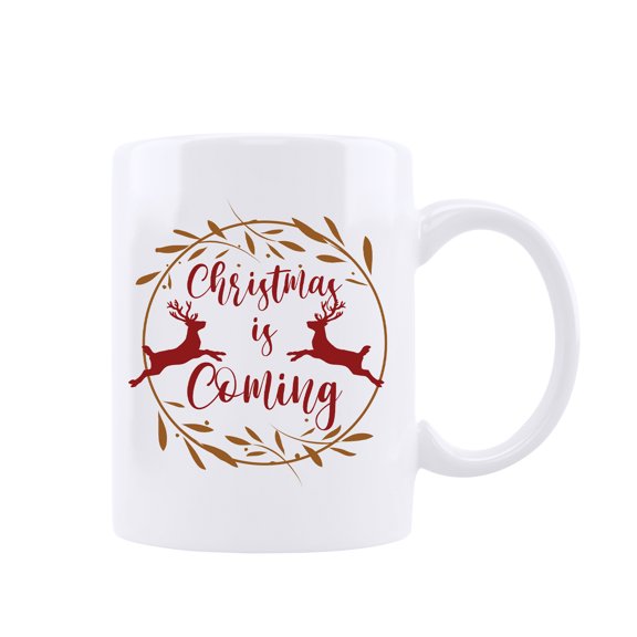 HiiKaa Funny Christmas Coffee Mug Gift,Christmas is Coming Mug,11oz Novelty Deer Tea Cup,White