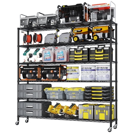 HiiKaa Heavy Duty Storage Shelves,6 Tier Wire Shelving Unit with Wheels, Commercial Adjustable Metal Shelves for Storage,Garage Rack Pantry Shelves Kitchen Shelving,18"x 60"x 83",Black