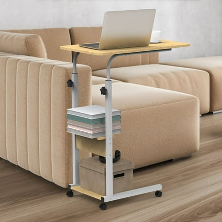 HiiKaa Height Adjustable C Shaped End Table,Mobile Laptop Side Table with Wheels,Sofa Couch Table with 2-Tier Storage Shelf for Living Room Bedroom,Beige