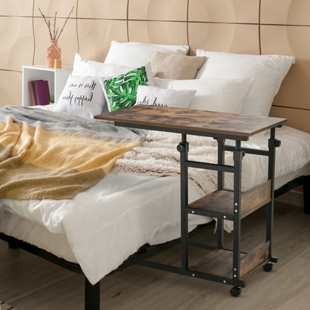 HiiKaa Height Adjustable C Shaped Side Table,31.5in Mobile Laptop End Table with Wheels,Sofa Couch Table with 2-Tier Storage Shelf for Living Room Bedroom,Brown