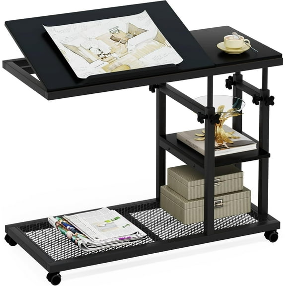 HiiKaa Height Adjustable C Table with Wheels,Mobile Couch Snack Side Table with Tiltable Drawing Board, Sofa Bedside Laptop Stand C Shaped TV Tray with Storage Shelves,Black