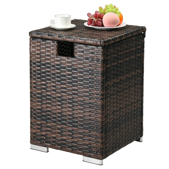 HiiKaa Iron Frame Gas Bottle Storage Rattan Side Table for 20 Gallon Gas Cylinder,15.7"x15.7"x 22.4" Brown Gradient Propane Tank Hideaway,PE Rattan Patio End Table for Garden,Balcony, Living Room