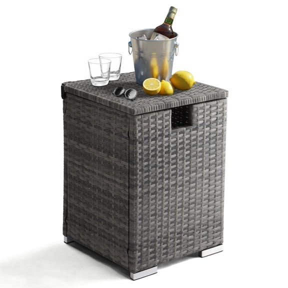 HiiKaa Iron Frame Gas Bottle Storage Rattan Side Table for 20 Gallon Gas Cylinder,15.7"x15.7"x 22.4" Gray Gradient Propane Tank Hideaway,PE Rattan Patio End Table for Garden,Balcony, Living Room
