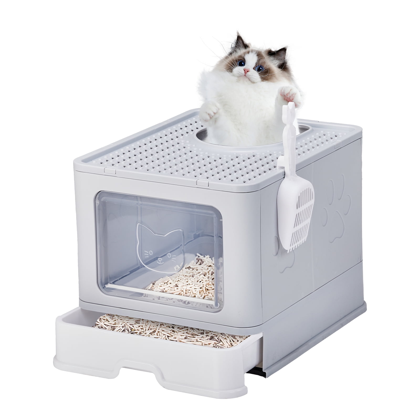 Gray Enclosed Cat Litter Box with Slide-Out Tray and Scoop