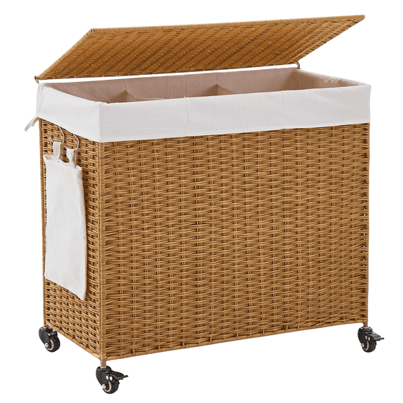 HiiKaa Laundry Hamper with Wheels,165L Rolling Laundry Basket with Lid,3-Section Rattan Clothes Hamper with 3 Mesh Bags,Laundry Sorter with Side Pocket,Natural