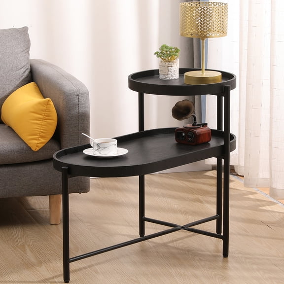 HiiKaa Modern 2 Tier End Table,Round and Oval Side Table Coffee Table for Living Room Small Spaces,Metal Frame,Wood Tray,Rustic Snack Accent Table,Black