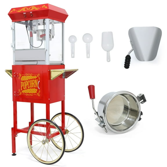HiiKaa Nostalgia Popcorn Maker Machine,Professional Cart With 8 Oz Kettle Makes Up to 32 Cups,Vintage Popcorn Machine Movie Theater Style Red