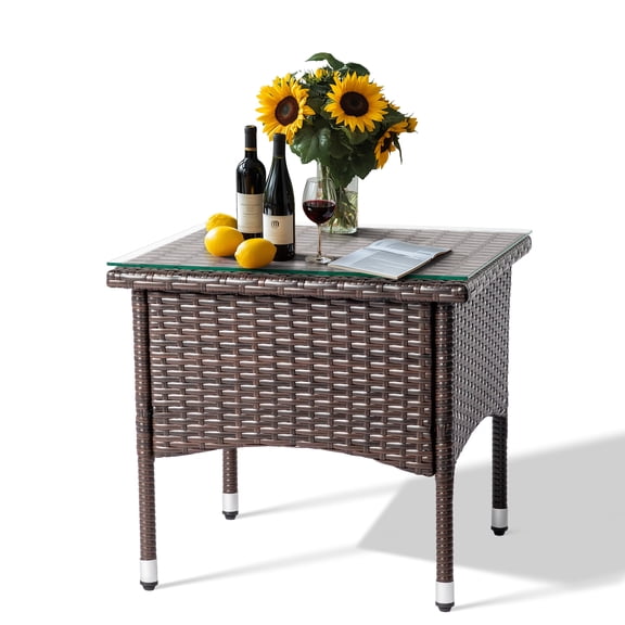 HiiKaa Outdoor Wicker Side Table Patio Side Tables for Outside,Tempered Glass Top Wicker Table End Table for Balcony Porch Deck,Brown