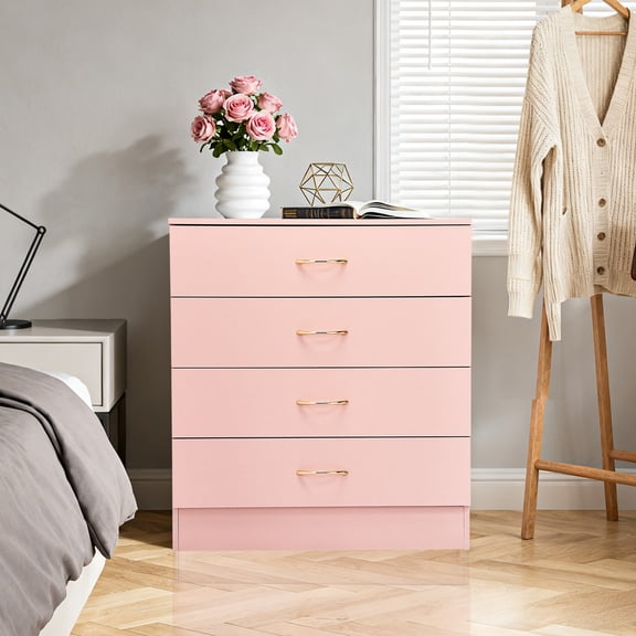 HiiKaa Pink 4 Drawer Dresser for Bedroom,Tall Bedroom Dresser with Large Drawer & Golden Handles,Wooden Storage Organizer Cabinet Chest of Drawer for Closet,Living Room,Hallway,Children's Room