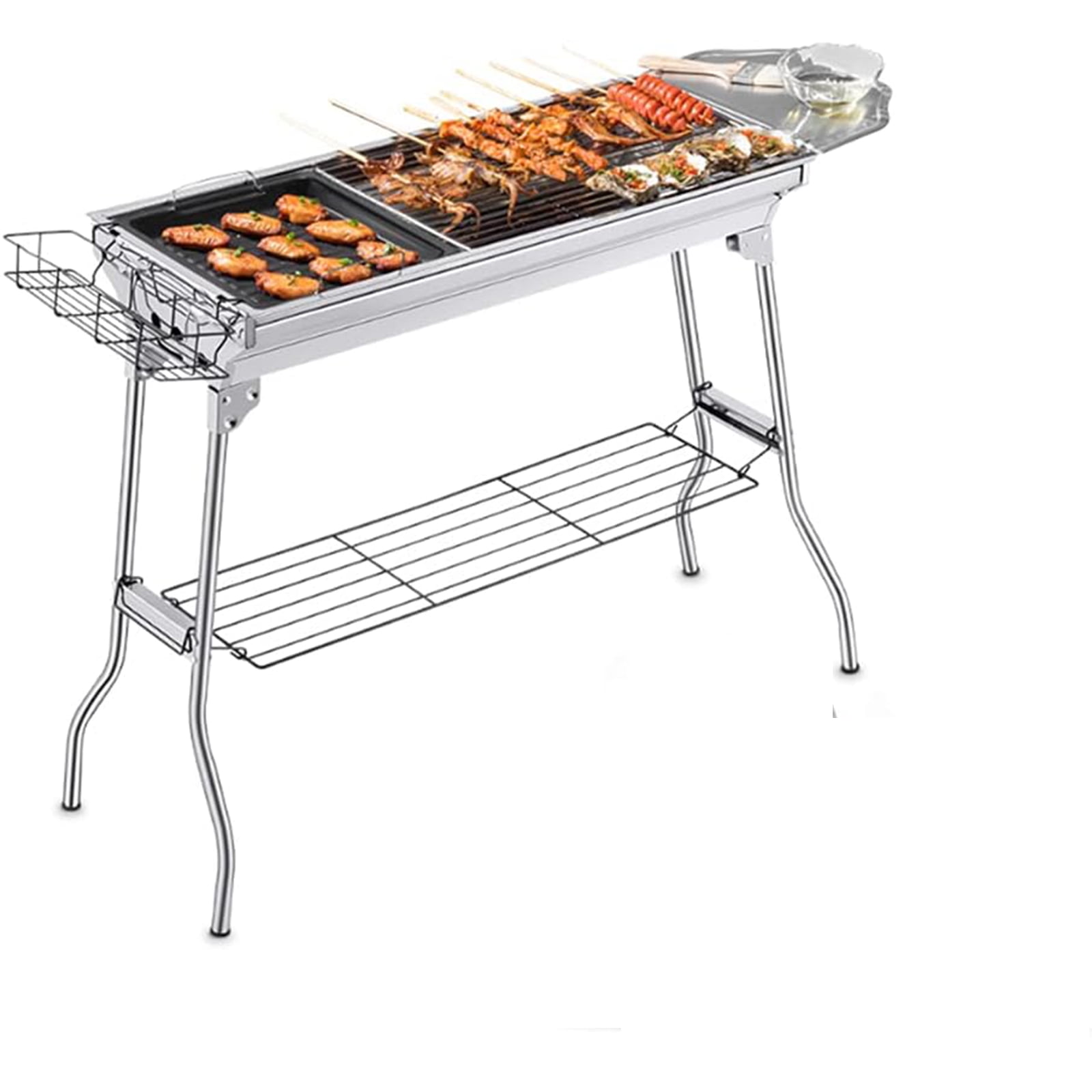 HiiKaa Portable Charcoal Grill,Outdoor BBQ Grill for Christmas Picnic,Family Gathering and Backyard Barbecue with Storage Bag & Non-Stick Frying Pan,Silver