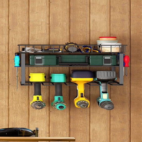 HiiKaa Power Tool Organizer Wall Mount,150 Lbs Load 3 Layers Storage Rack with 4 Drill Holders for Drills Cordless Tools,Heavy Duty Iron Garage Tool Storage for Workshop Shed Pegboard Basement