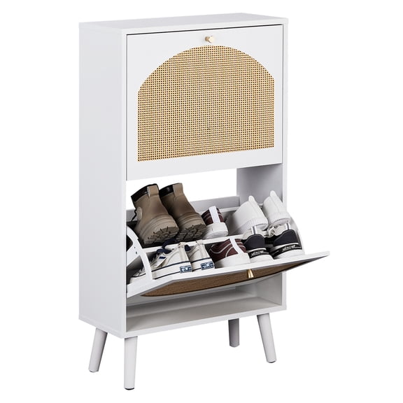 HiiKaa Shoe Storage Cabinet with 2 Flip Drawers,Slim Entryway Upgraded Large Shoe Cabinet Shoe Organizer with Half Round Woven Rattan Doors for Sneakers,White