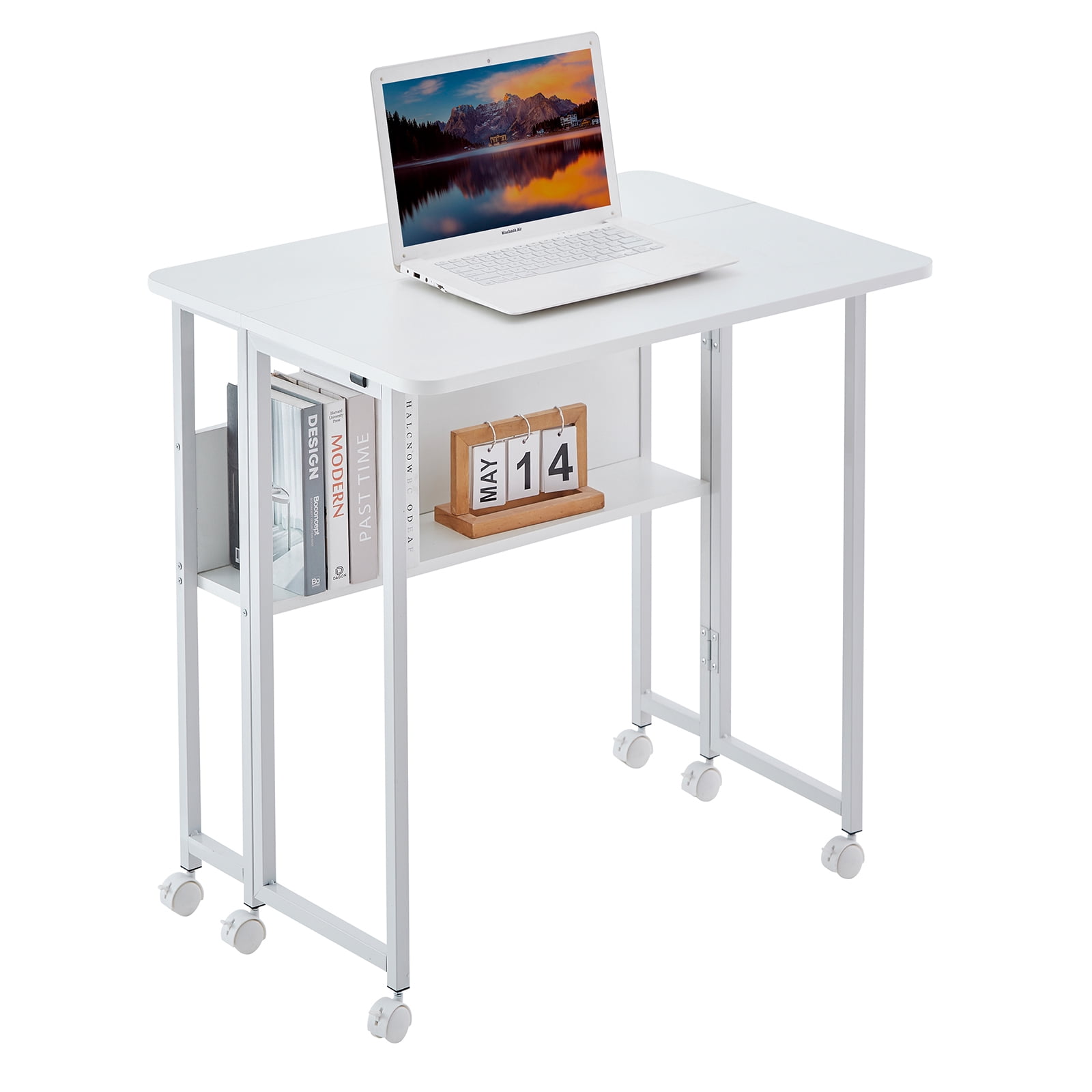 Mobile Writing Table HiiKaa Small Folding Desk,Rolling Computer Desk Foldable with Shelf,31. ...