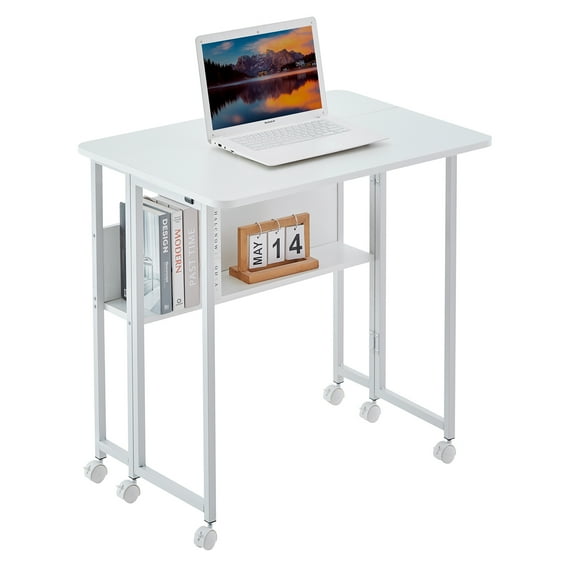HiiKaa Small Folding Desk,Rolling Computer Desk Foldable with Shelf,31.5" Portable Writing Table on Wheels for Small Spaces,Home Office,Study,White