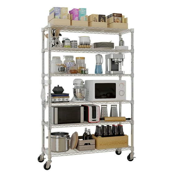 HiiKaa UltraDurable Heavy Duty NSF Solid Steel Wire Rack Storage Unit with Wheels,6-Tier Shelving for Kitchen,Storage Room,Silvery