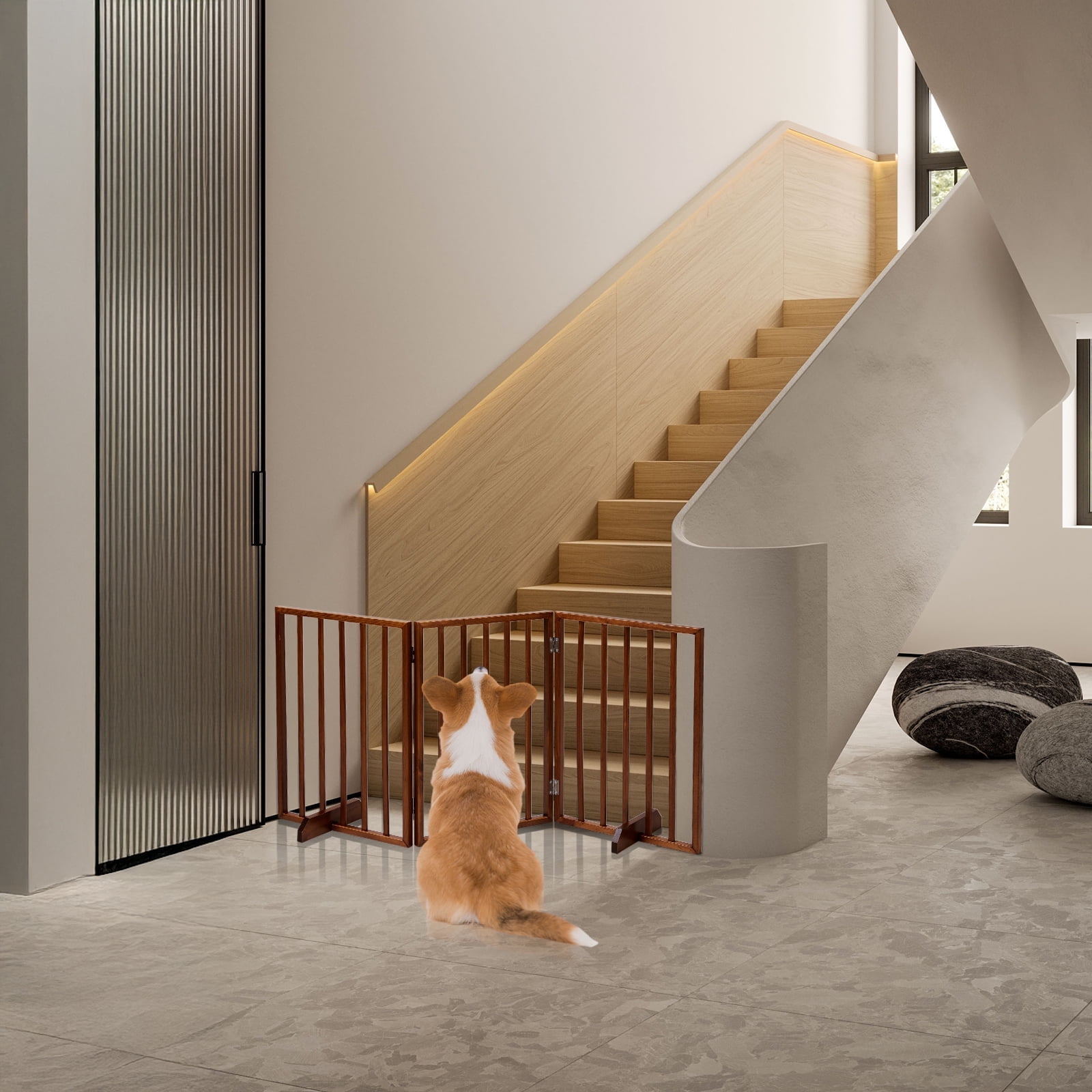 HiiKaa Wooden Freestanding Foldable Pet Gate for Dogs,24 inch 3 Panels Step Over Fence,Dog Gate for The House,Doorway, Stairs,Extra Wide (Brown, 24" Height)