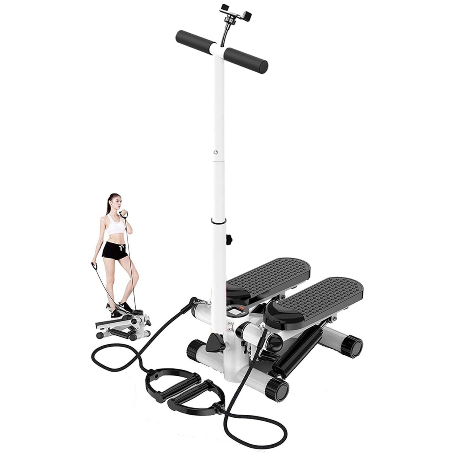 Hiii Black and white mini stepper machine with resistance bands