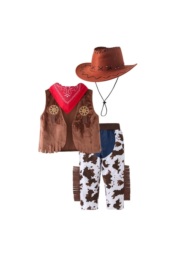 Big Boy Cowboy Style 4Pcs Set Vest Hat Pants Scarf Outfits for Kids, Sizes 8-9Y