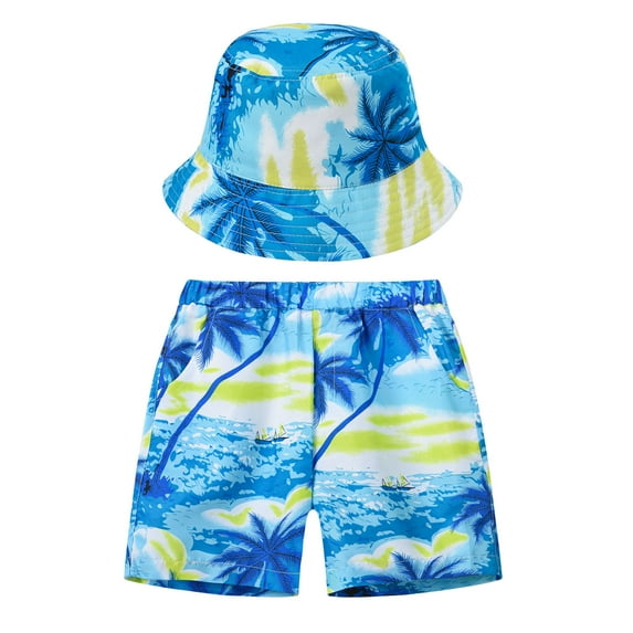 Hiijoy Big Boy's Hawaii Beach Shorts Tropical Print Active Shorts with Hat, Sizes 7-8Y