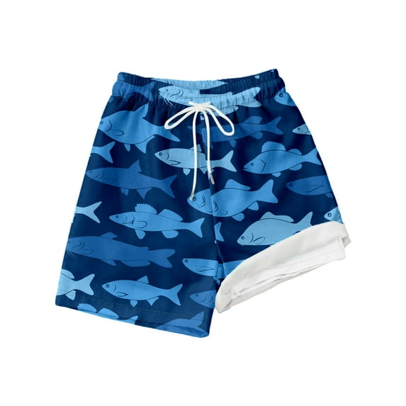 Hiijoy Big Boys Fish Print Swimming Trunks Compression Liner Stretch Beach Shorts, Sizes 8-9Y