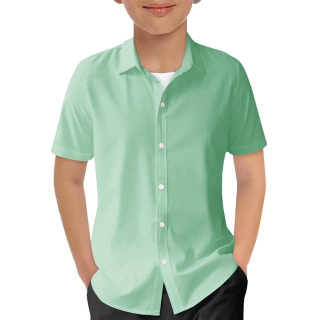 Hiijoy Big Boys Button Down Shirt Solid Color Short Sleeve Casual Shirt, Green
