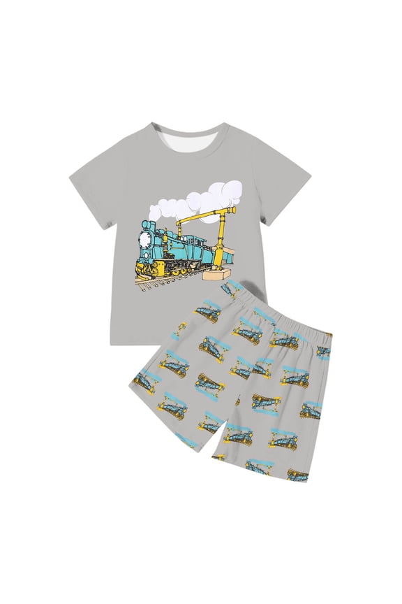 Big Boys Outfits Train Print Short Sleeve T-Shirt & Shorts 2Pcs Set, Sizes 7-8Y