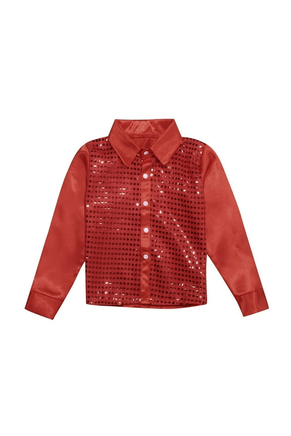 Big Boys Sparkly Sequins Dance Top Long Sleeve Button Down Shirt, Sizes 3-14