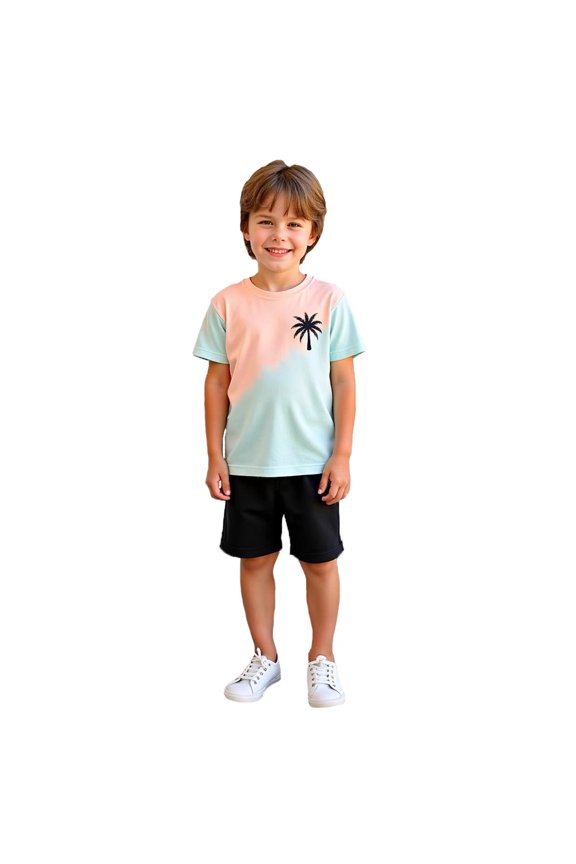 Big Boys Summer Outfits Coconut Tree Print T Shirt and Shorts Set, Sizes 8-9Y