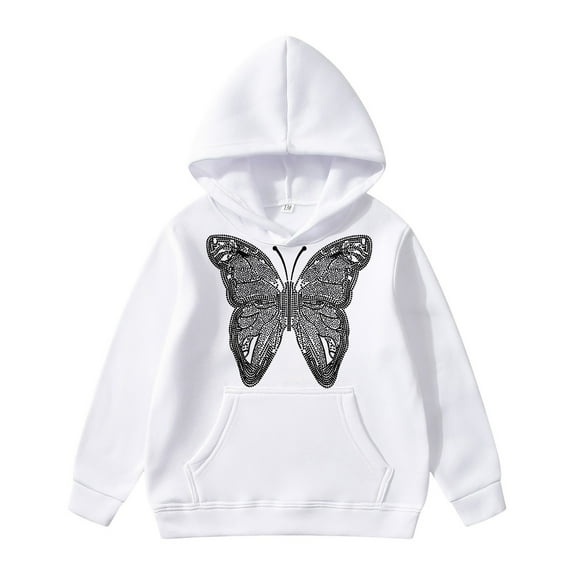 Hiijoy Big Girl's Hoodie Butterfly Print Pullover Hooded Sweatshirt Pocket Long Sleeve Tops