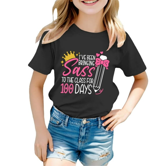 Hiijoy Big Girls 100 Days of School T Shirt Letter Print Short Sleeve Casual T-Shirt