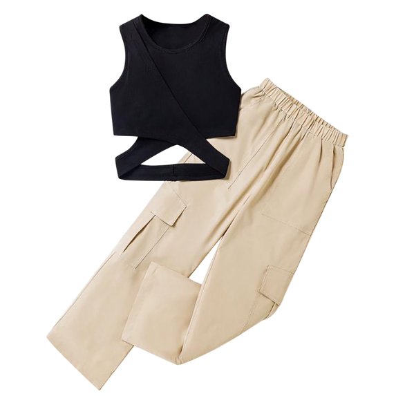 Hiijoy Big Girls 2 Piece Outfits Cut Out Sleeveless Ribbed Tank Top Cargo Pants Set, Sizes 11-12Y