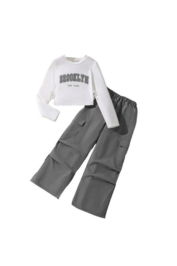 Big Girls 2 Piece Outfits Long Sleeve T-Shirt and Cargo Pants Set, Sizes 7-12