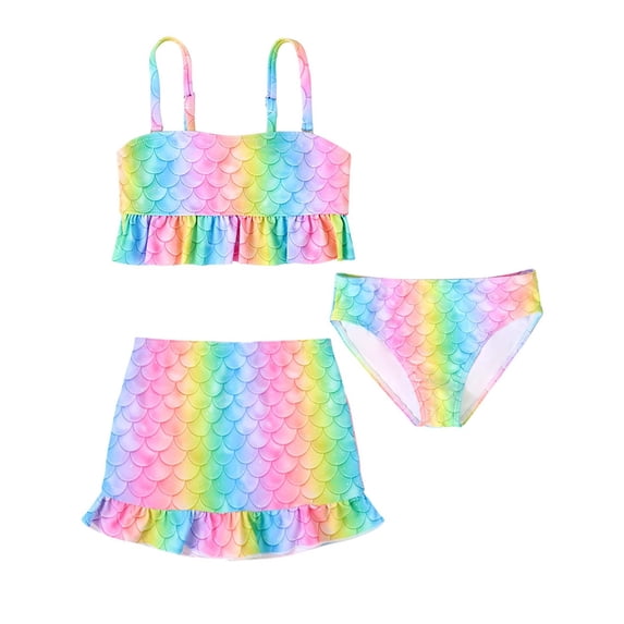 Hiijoy Big Girls 3 Piece Bikini Swimsuit Ruffle Mermaid Scales Print Bathing Suit with Cover Up Skirt