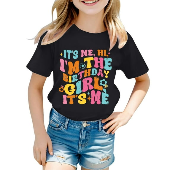 Hiijoy Big Girls Birthday Shirt Letter Print Short Sleeve Crewneck T-Shirt, Sizes 1-13