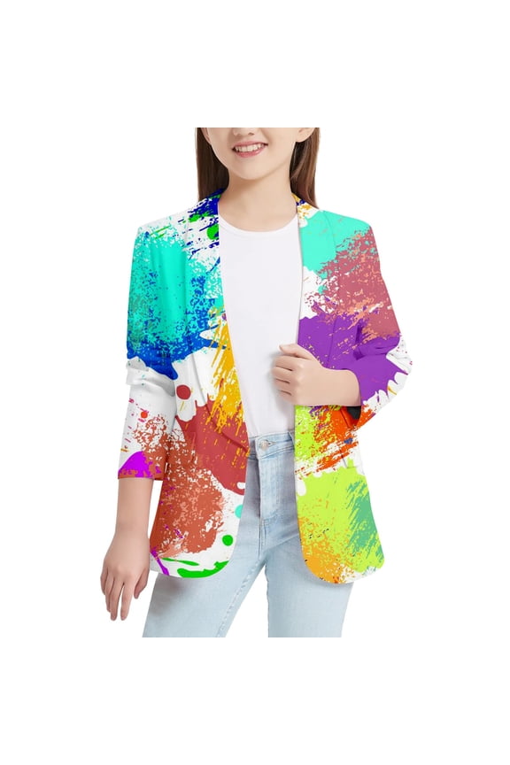 Big Girls Colorful Sp Lashed Ink Print Blazer Casual Lapel Suit Jacket, Sky Blue