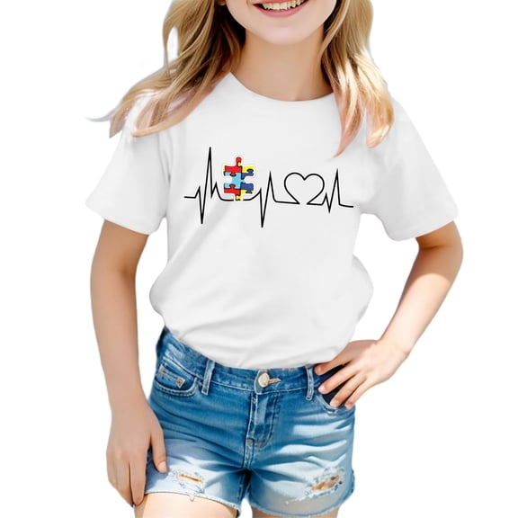Hiijoy Big Girls Cotton T Shirt Heartbeat Print Short Sleeve T-Shirt Kids Active Tee Shirt