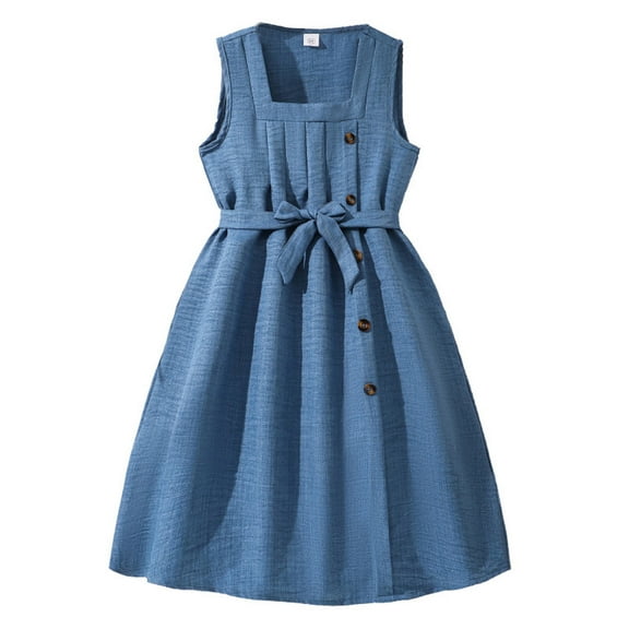 Hiijoy Big Girls Denim Dress Square Neck Sleeveless Casual Dress, Sizes 7-12
