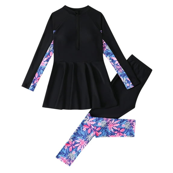 Hiijoy Big Girls Full Cover Swimsuit Long Sleeve Rash Guard Pants Bathing Suit, 2-Piece