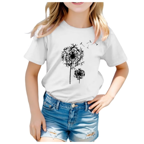 Hiijoy Big Girls Graphic T-Shirt Dandelion Print Short Sleeve T Shirt, Sizes 1-13