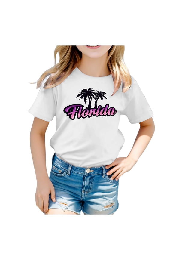Big Girls Graphic Tee Florida Printed Short Sleeved T Shirt Casual Kids T-Shirt