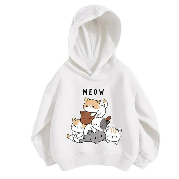 Hiijoy Big Girls Hoodie Cartoon Cat Print Cute Hooded Sweatshirt Pullover, Sizes 3-12