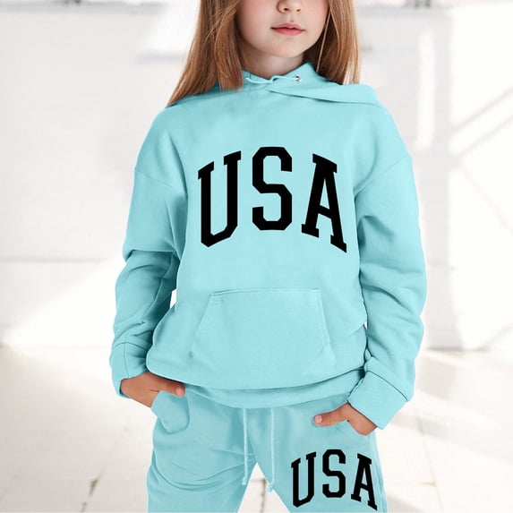 Hiijoy Big Girls Hoodie Set Usa Printed Hooded Sweatshirt Sweatpants Outfits Sweatsuit