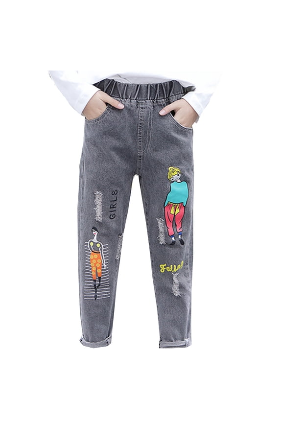 Big Girls Jeans Character Embroidery Elastic Waist Denim Pants Casual Trousers