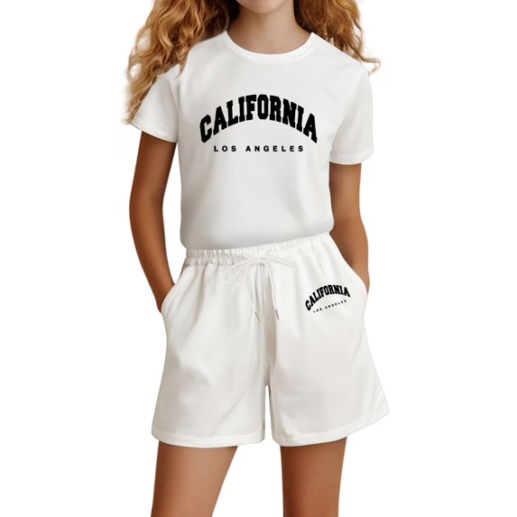 Hiijoy Big Girls Outfits California Print Short Sleeve T Shirt Shorts Set, Sizes 13-14Y