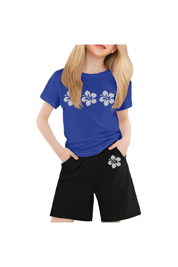 Big Girls Outfits Flower Print Short Sleeve T-Shirt Shorts 2Pcs Set, Sizes 10-11Y