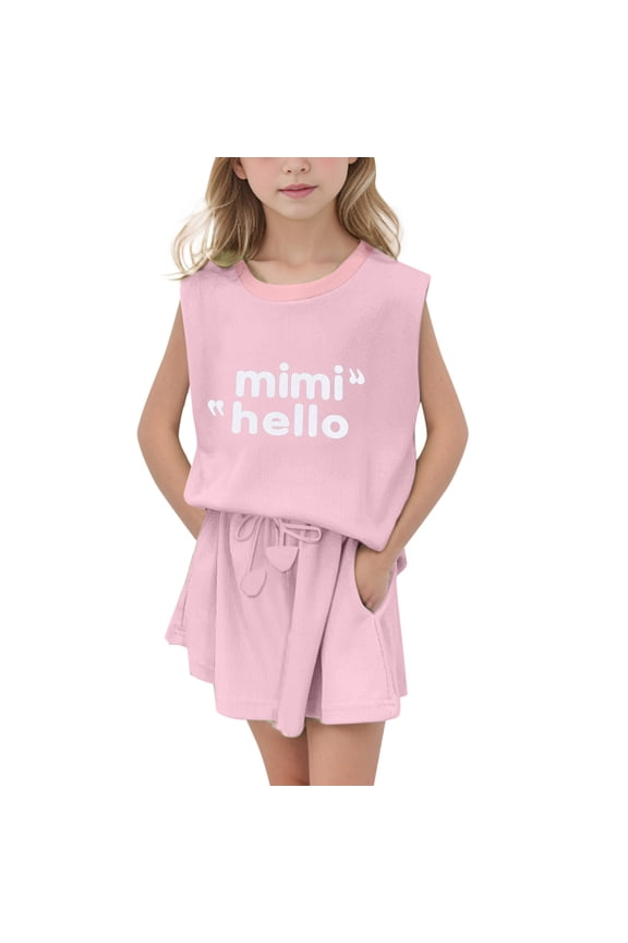 Big Girls Outfits Letter Print Tank Top Shorts Summer Clothes Set, Sizes 9-10Y