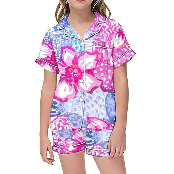 Hiijoy Big Girls Pajama Set Floral Leisure Satin Nightwear Sleepwear,2-Piece,Sizes 2-13T