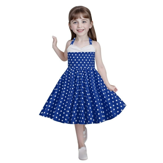 Hiijoy Big Girls Polka Dots Vintage Dress Sleeveless Halter Cotton Dress, Sizes 3-12